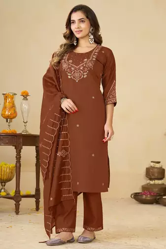 Brown embroidery thread work kurta pant dupatta for women