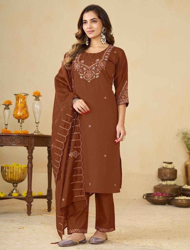 Brown embroidery thread work kurta pant dupatta for women