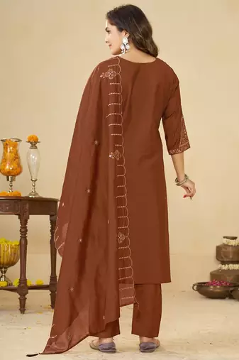 Brown embroidery thread work kurta pant dupatta for women