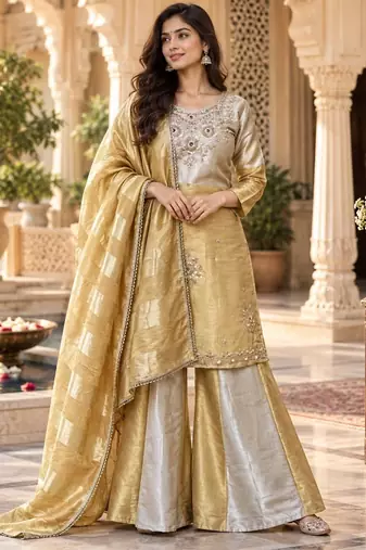 Designer banarasi viscose kurta palazzo dupatta for women