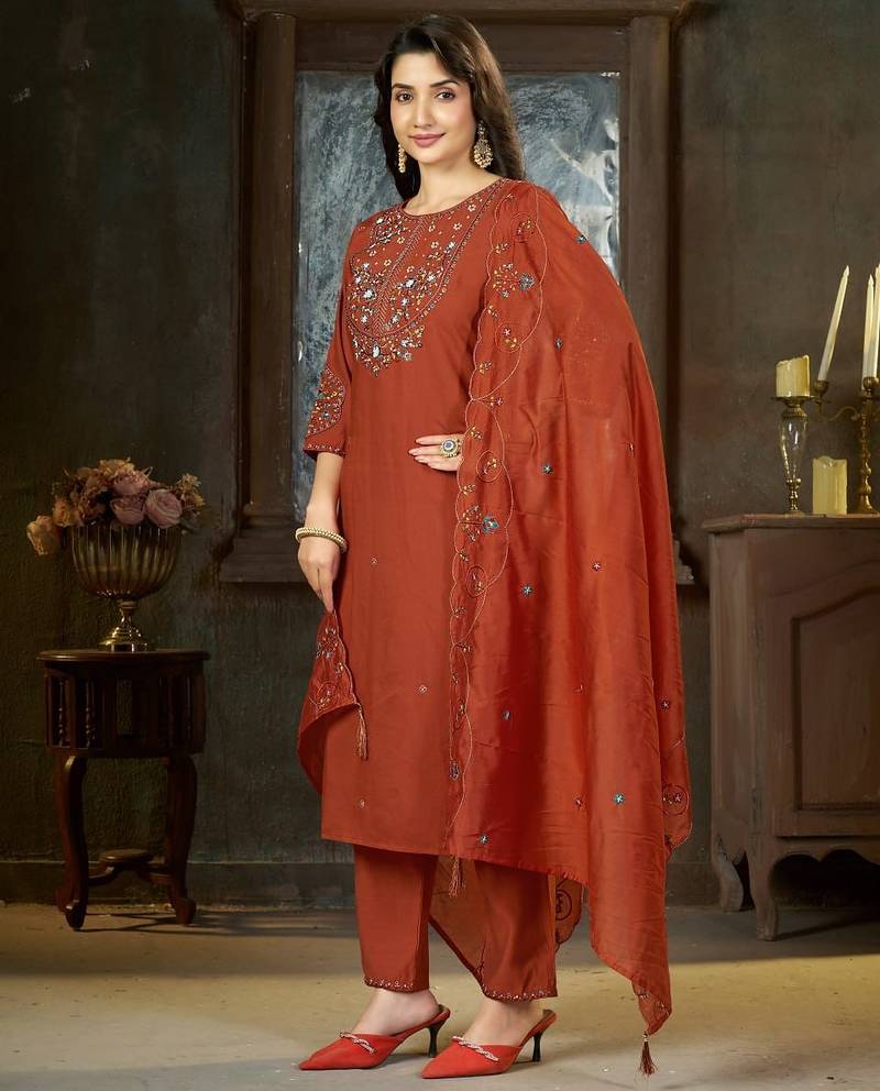 Designer embroidery thread work kurta pant dupatta for women
