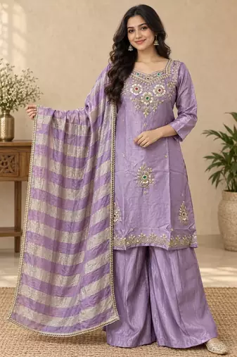 Designer beads and stone work kurta palazzo dupatta for women