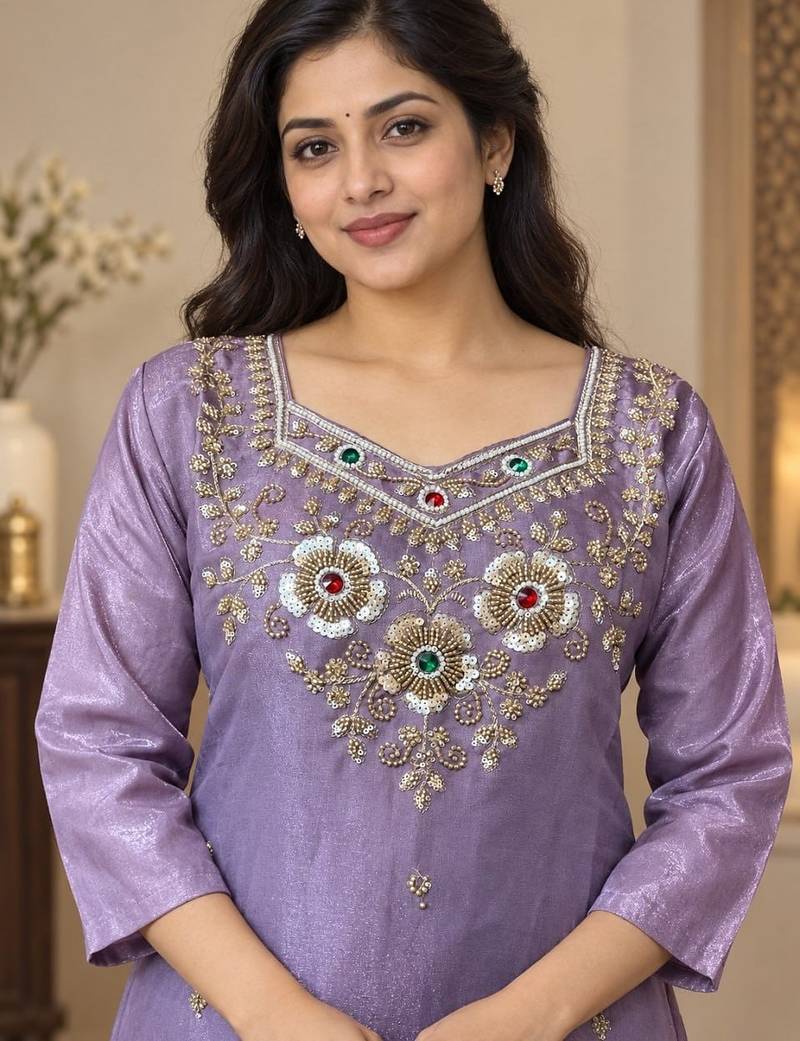 Designer beads and stone work kurta palazzo dupatta for women