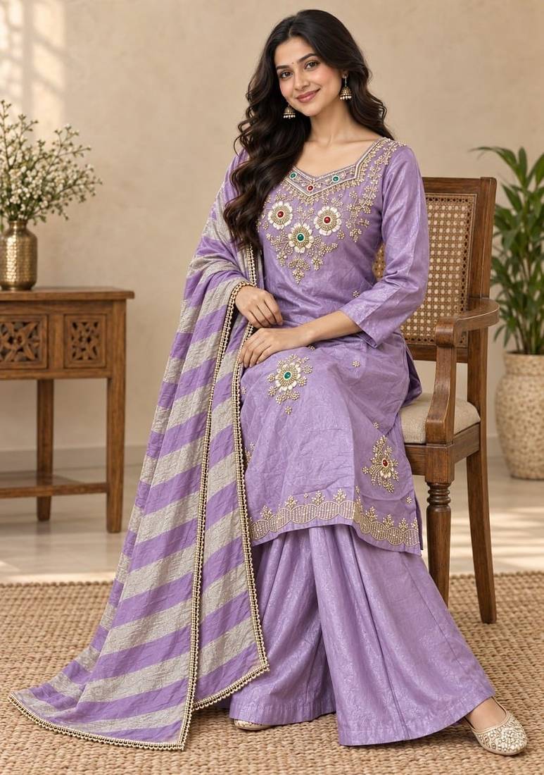 Designer beads and stone work kurta palazzo dupatta for women