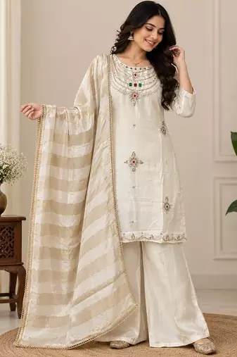 Designer beads and stone work kurta palazzo dupatta for women