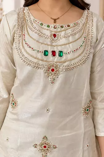 Designer beads and stone work kurta palazzo dupatta for women