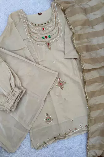 Designer beads and stone work kurta palazzo dupatta for women