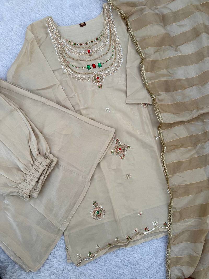 Designer beads and stone work kurta palazzo dupatta for women