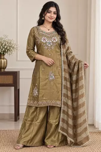 Designer beads and stone work kurta palazzo dupatta for women