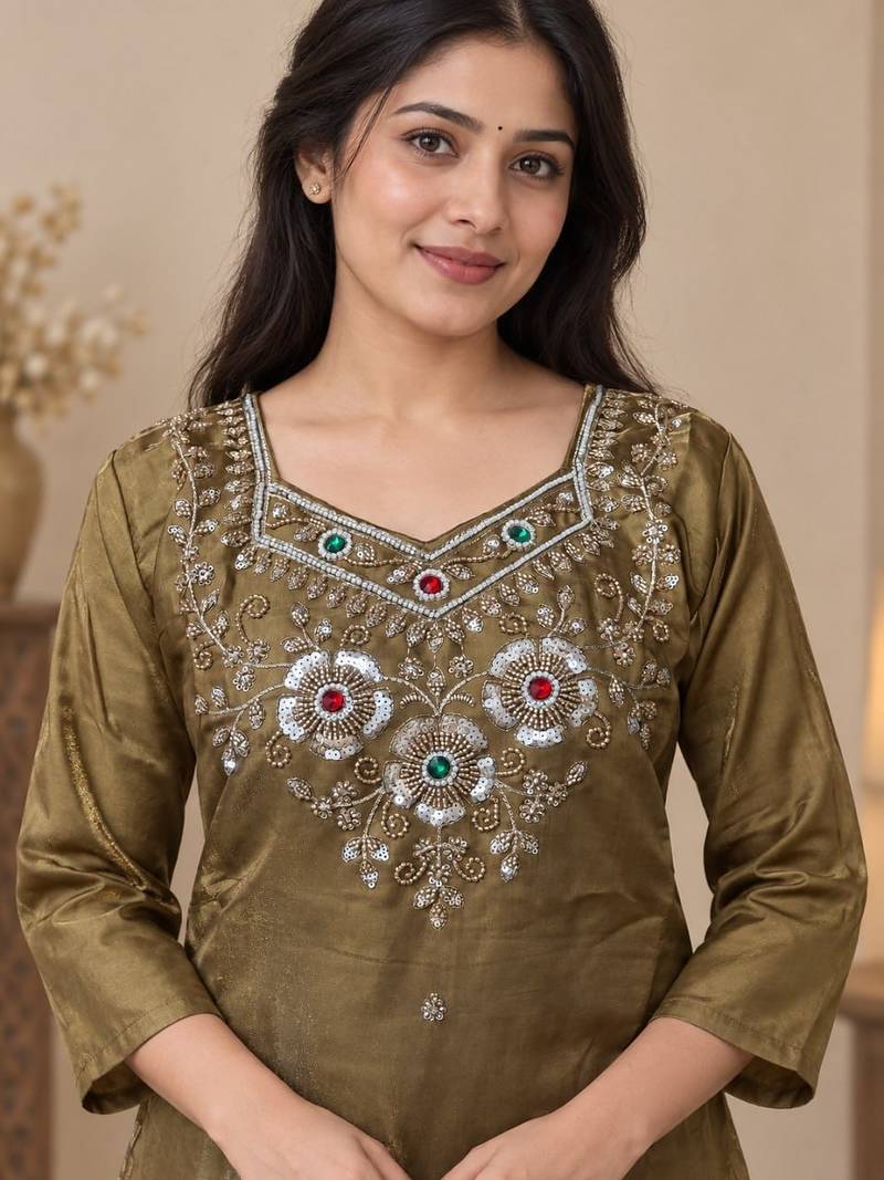 Designer beads and stone work kurta palazzo dupatta for women