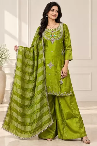 Designer beads and stone work kurta palazzo dupatta for women