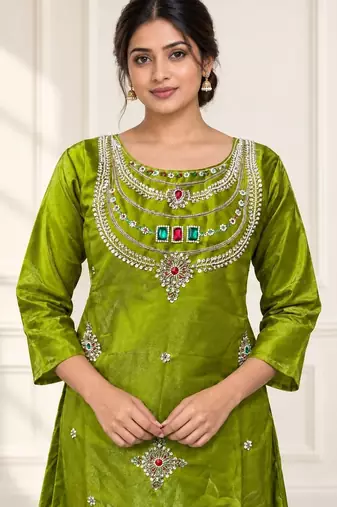 Designer beads and stone work kurta palazzo dupatta for women