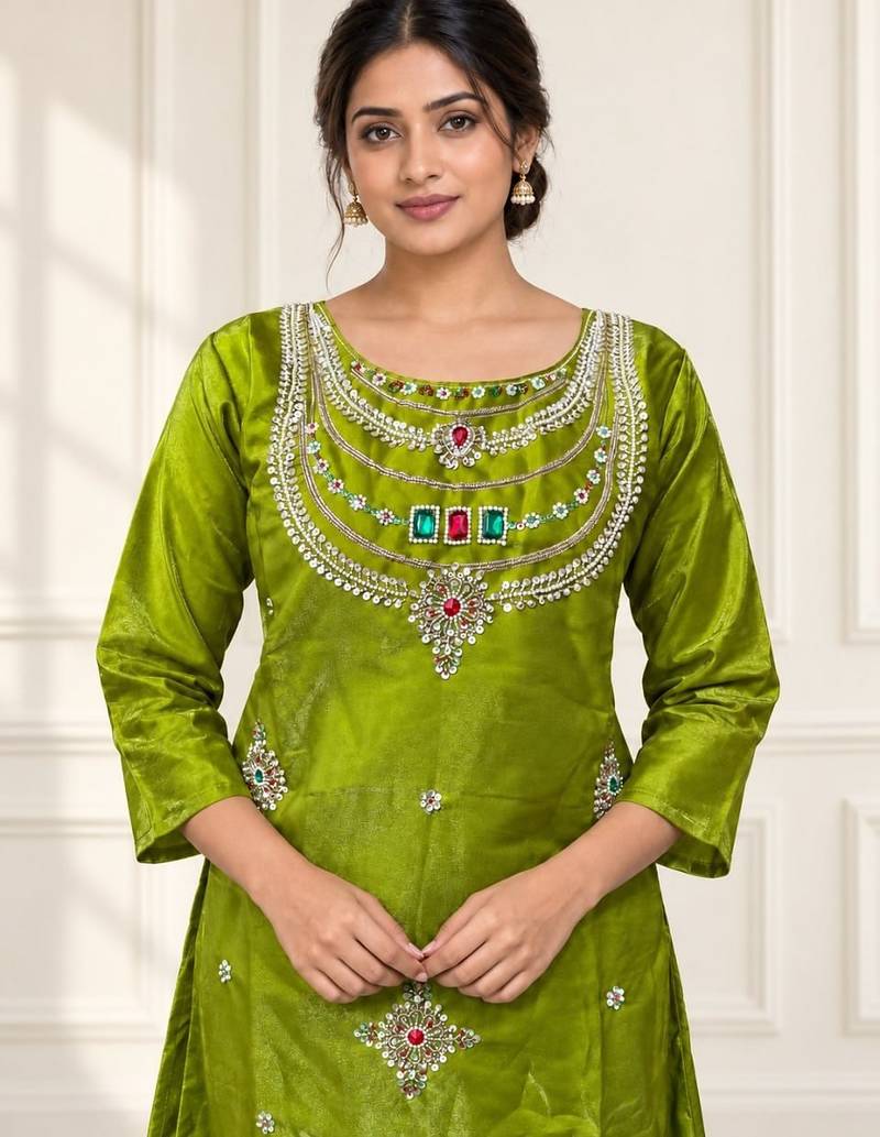 Designer beads and stone work kurta palazzo dupatta for women