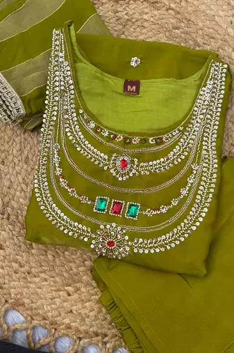 Designer beads and stone work kurta palazzo dupatta for women