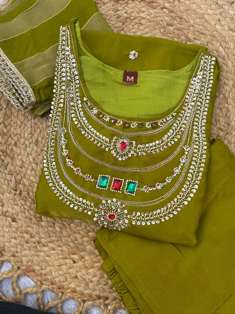 Designer beads and stone work kurta palazzo dupatta for women