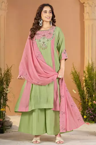 Designer mal chanderi kurta palazzo dupatta for women