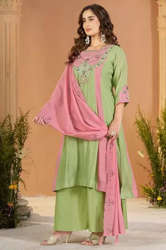 Designer mal chanderi kurta palazzo dupatta for women