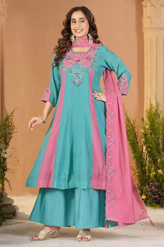 Designer mal chanderi kurta palazzo dupatta for women