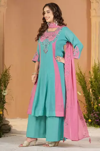 Designer mal chanderi kurta palazzo dupatta for women