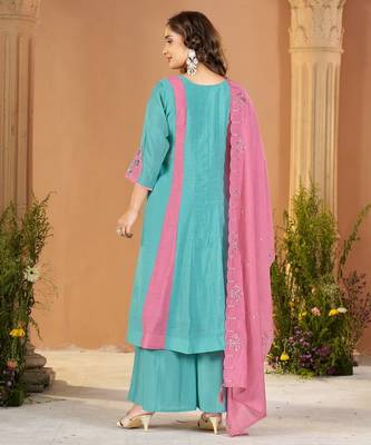 Designer mal chanderi kurta palazzo dupatta for women 4