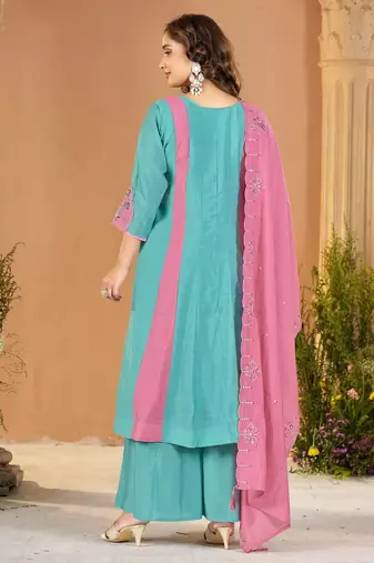 Designer mal chanderi kurta palazzo dupatta for women
