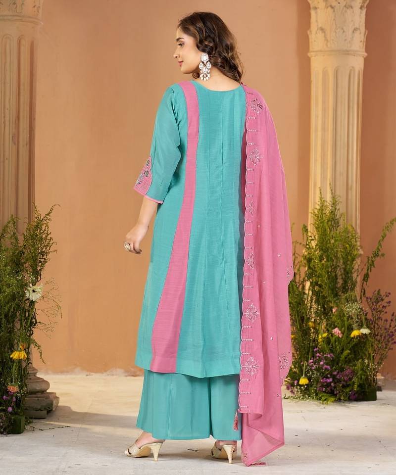 Designer mal chanderi kurta palazzo dupatta for women