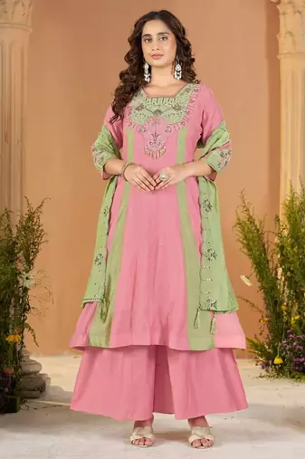 Designer mal chanderi kurta palazzo dupatta for women