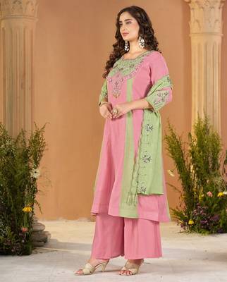 Designer mal chanderi kurta palazzo dupatta for women 3