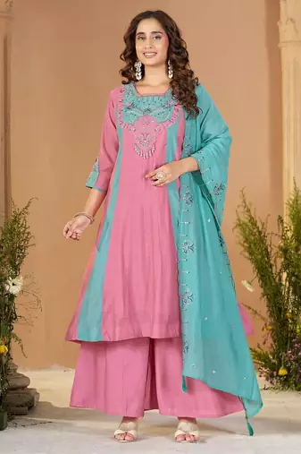 Designer mal chanderi kurta palazzo dupatta for women