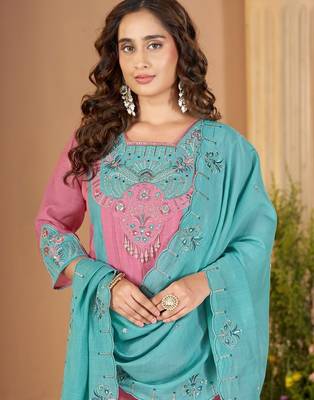 Designer mal chanderi kurta palazzo dupatta for women 2