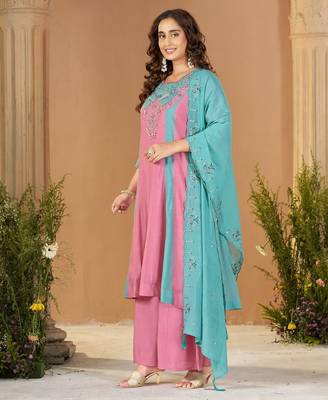 Designer mal chanderi kurta palazzo dupatta for women 3