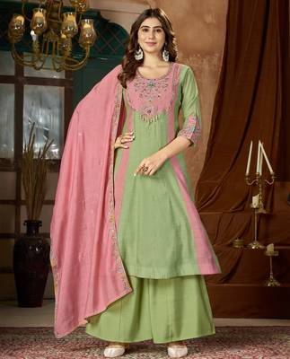 Designer mal chanderi kurta palazzo dupatta for women 1