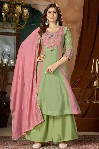 Designer mal chanderi kurta palazzo dupatta for women