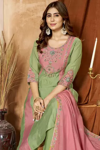 Designer mal chanderi kurta palazzo dupatta for women