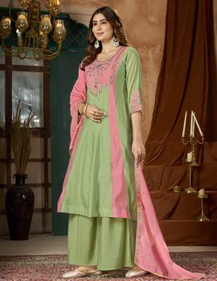 Designer mal chanderi kurta palazzo dupatta for women 4
