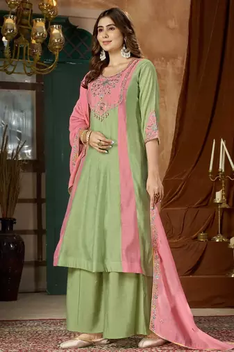 Designer mal chanderi kurta palazzo dupatta for women