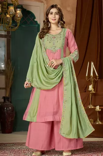 Designer mal chanderi kurta palazzo dupatta for women