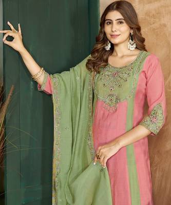 Designer mal chanderi kurta palazzo dupatta for women 2