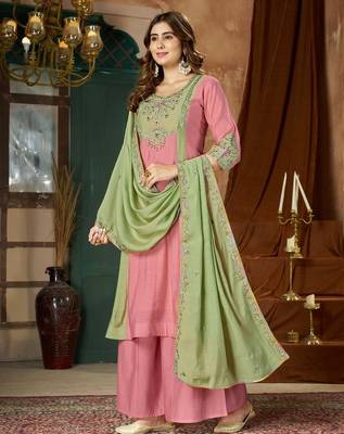 Designer mal chanderi kurta palazzo dupatta for women 3