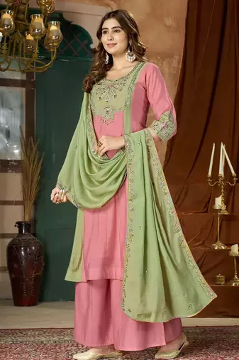 Designer mal chanderi kurta palazzo dupatta for women