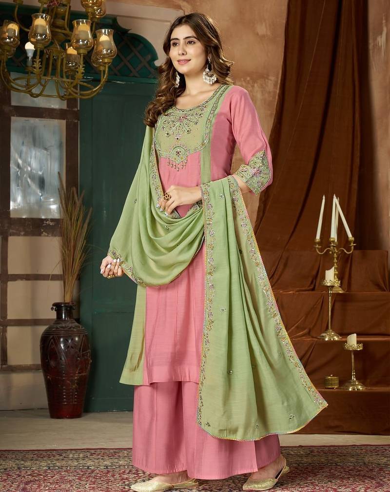 Designer mal chanderi kurta palazzo dupatta for women