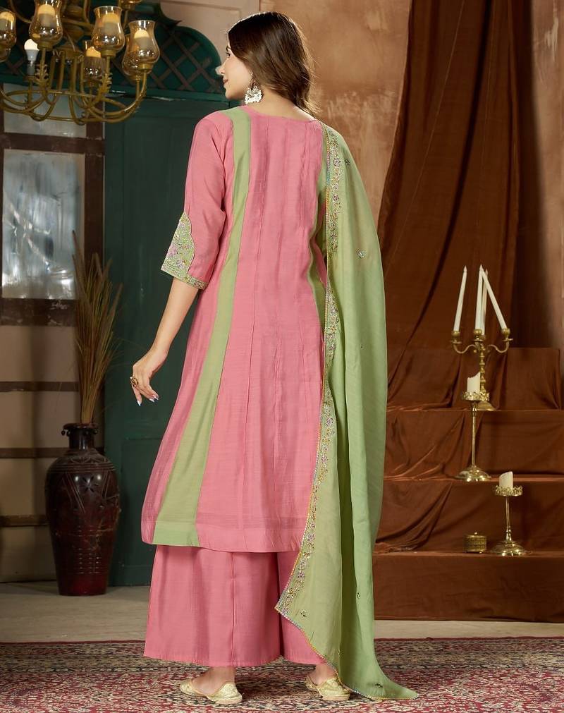 Designer mal chanderi kurta palazzo dupatta for women