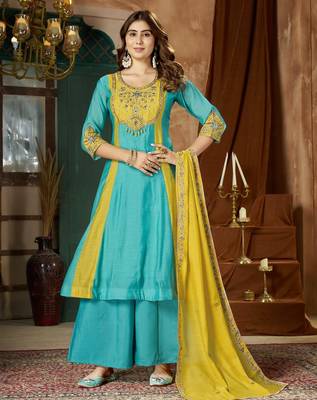 Designer mal chanderi kurta palazzo dupatta for women 1