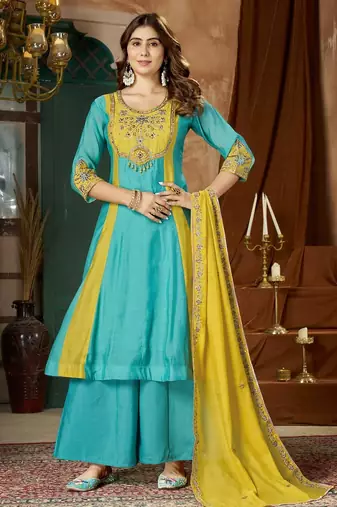 Designer mal chanderi kurta palazzo dupatta for women