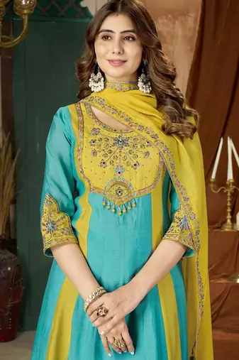 Designer mal chanderi kurta palazzo dupatta for women