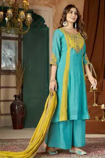 Designer mal chanderi kurta palazzo dupatta for women