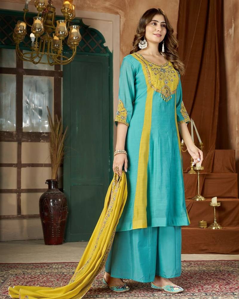 Designer mal chanderi kurta palazzo dupatta for women