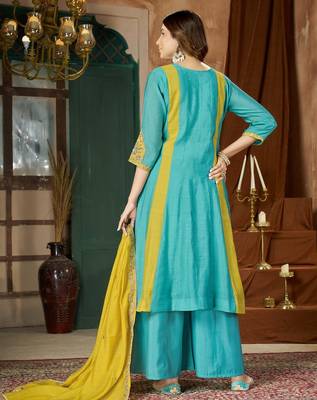 Designer mal chanderi kurta palazzo dupatta for women 4