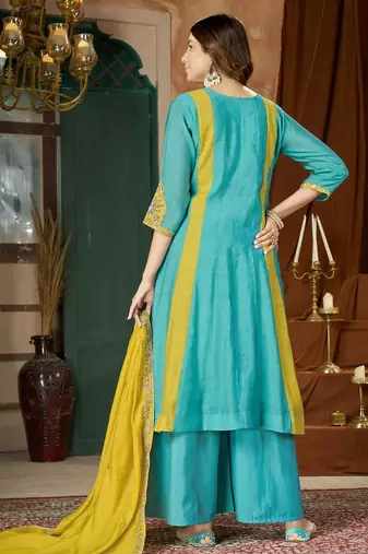 Designer mal chanderi kurta palazzo dupatta for women