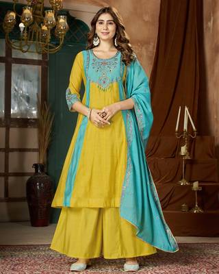 Designer mal chanderi kurta palazzo dupatta for women 1